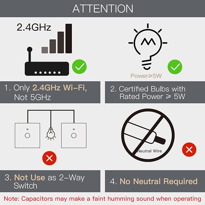 MOES Interruptor Inteligente Luz Sin Neutro WiFi Conmutador pared Compatible con Alexa y Google Home, trabajo con apps Smart L ife y Tuya, RF433 Control